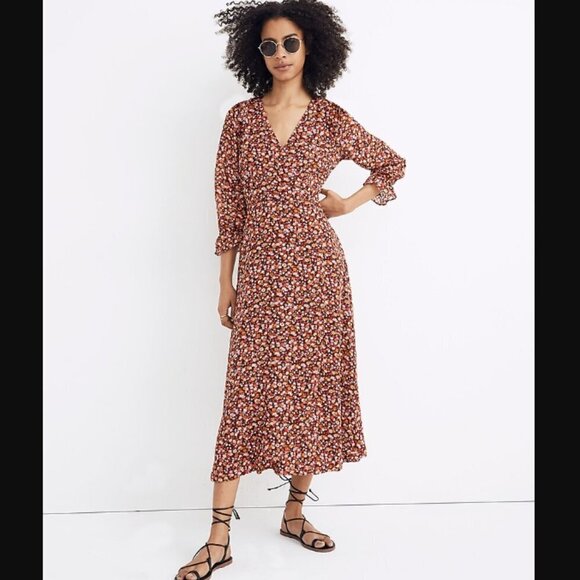 Madewell Long-Sleeve Crossover Midi Dress Clipdot Spring Prairie Floral 14 NWT